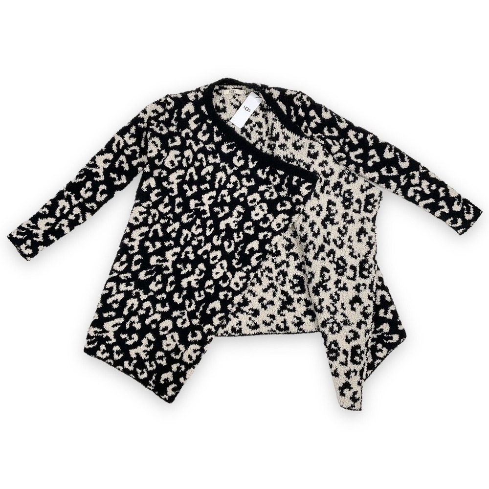 UGG Cardigan Women Small Black Ivory Long Sleeve Draped Animal Print Teddy NWT